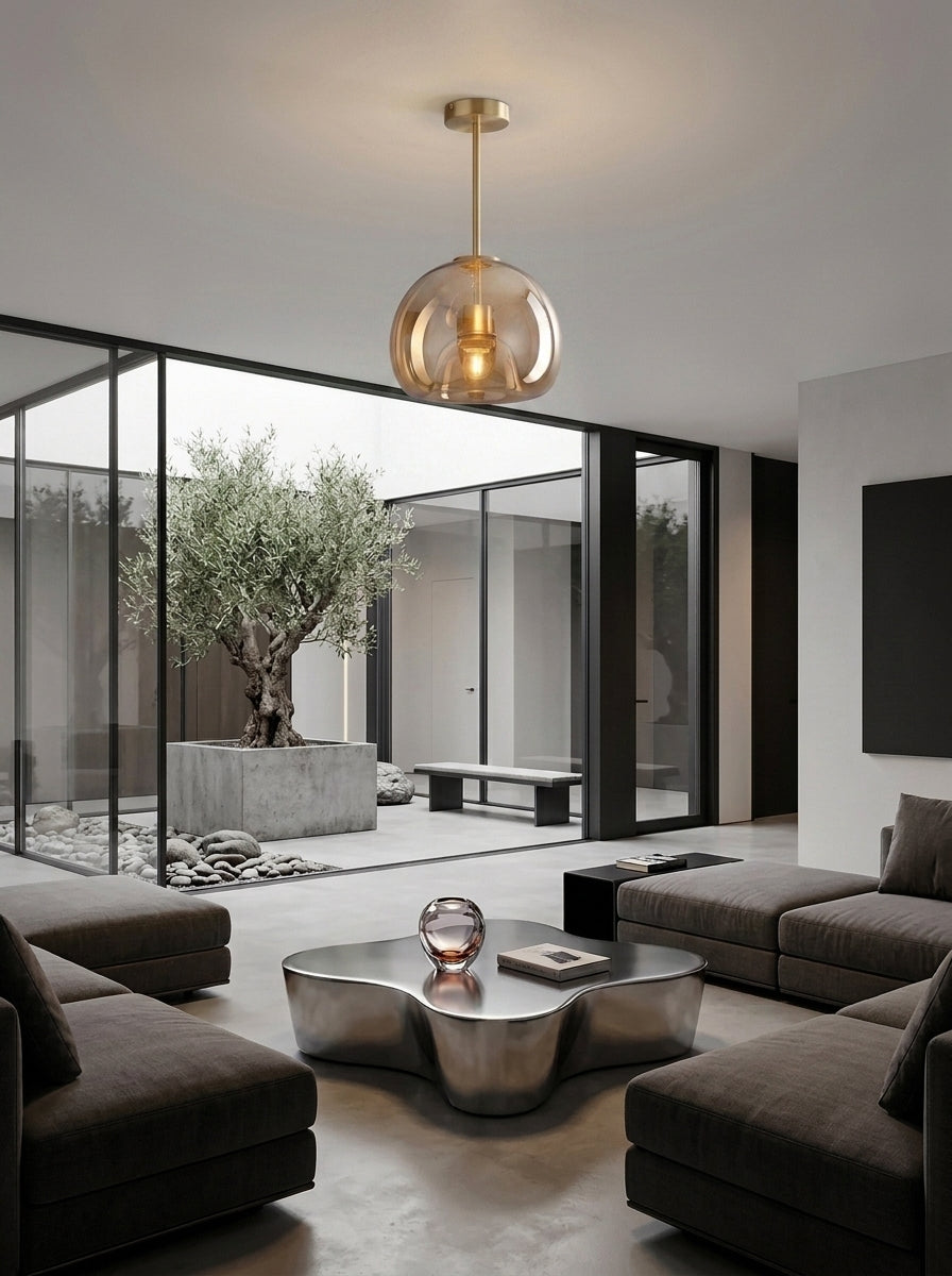 Plafonnier en Verre Fumé & Laiton Design Nordique - SANA