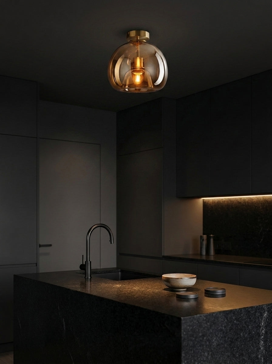 Plafonnier en Verre Fumé & Laiton Design Nordique - SANA